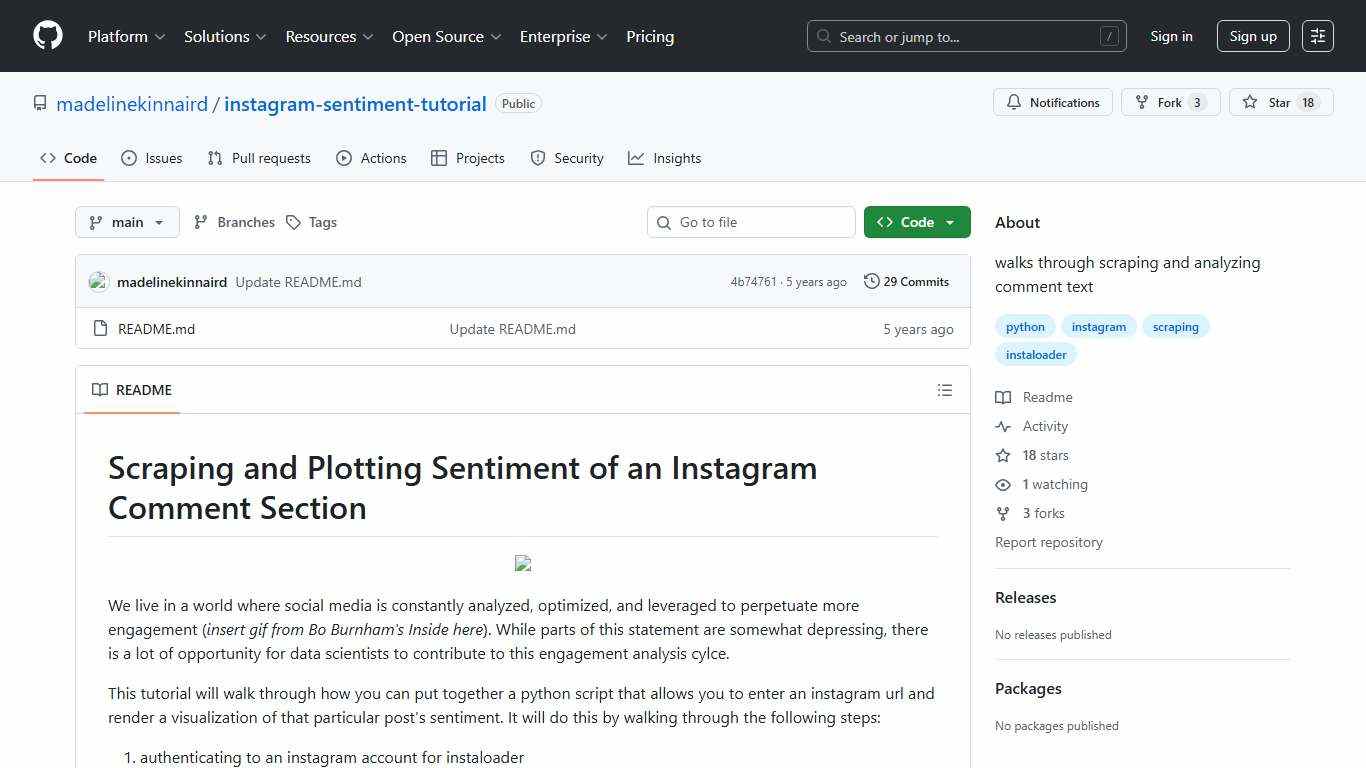 GitHub - madelinekinnaird/instagram-sentiment-tutorial: walks through scraping and analyzing comment text